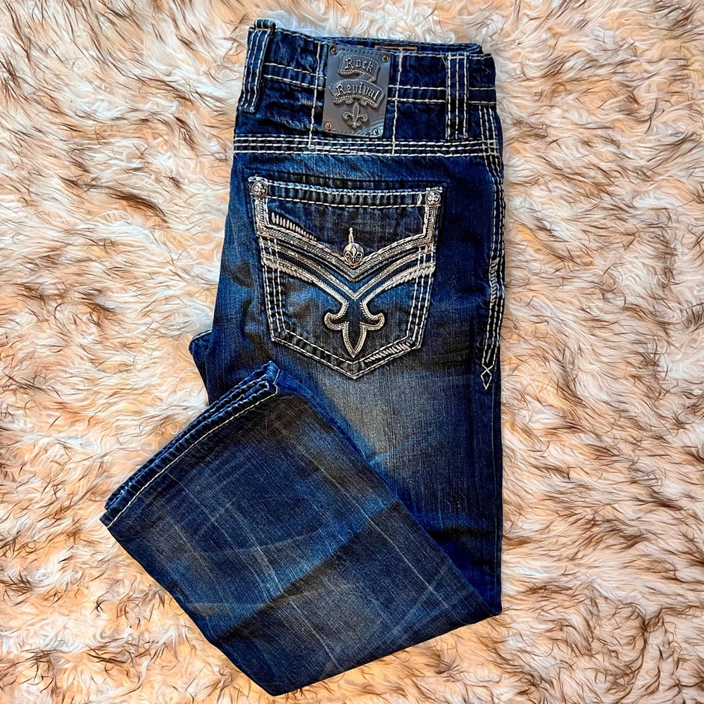 Rock Revival Stylish Blue Denim Jeans with Embroidered Pocket